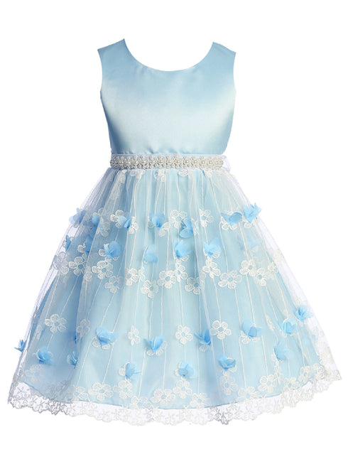 Big Girls Blue Flower Appliques Embroidered Tulle Junior Bridesmaid Dress 8-14 - SophiasStyle.com